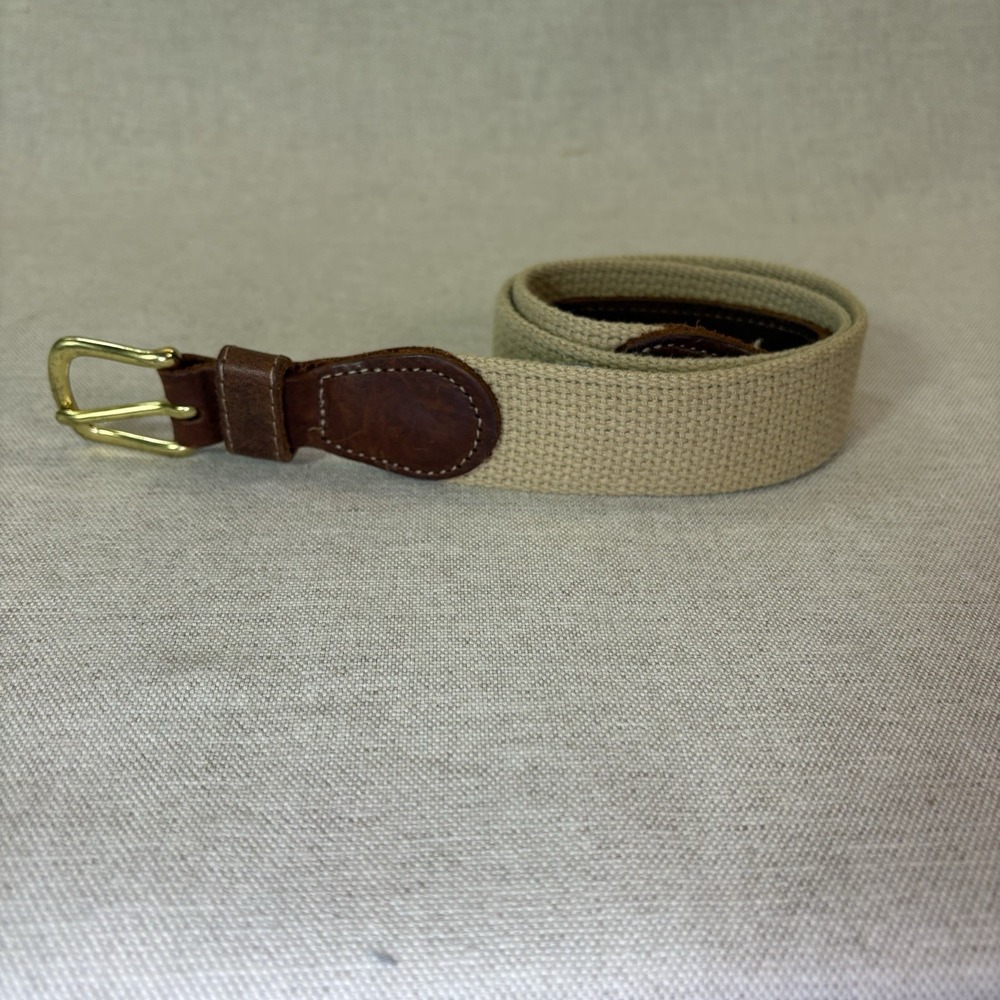 J. Bailey Boy's Canvas & Leather Surcingle Belt Khaki Beige Brass Buckle Sz 24